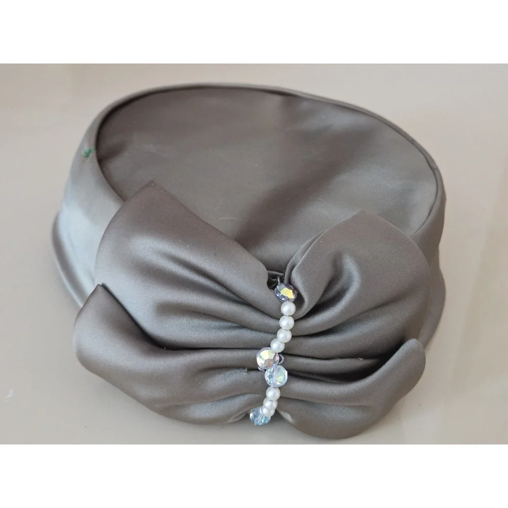 Vintage Marionat Bridal Veil Hat Fascinator Satin Pearl Beaded Headpiece Wedding
